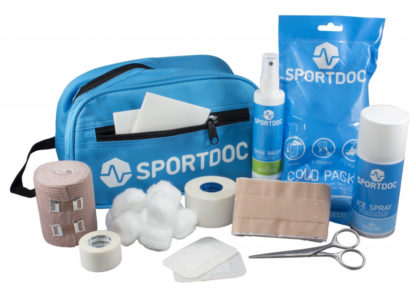 Blue first aid kit with cold pack, ice spray, bandaids, skin wash, sportstape, scissors and bandage.
