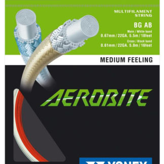 Single set of Yonex Aerobite hybrid string in red and white