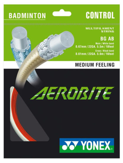 Single set of Yonex Aerobite hybrid string in red and white