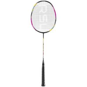 Black, pink and yellow badminton racquet from RSL. Black strings with white RSL logo. Black grip.