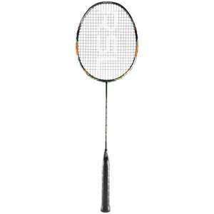 Green, black and orange badminton racquet from RSL. Black strings with white RSL logo. Black grip.