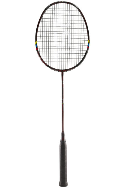 Grey, black and red badminton racquet from RSL. Black strings with white RSL logo Black grip.