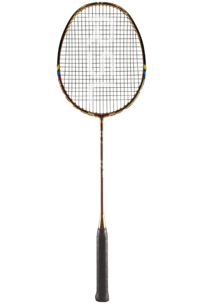 Gold, black and red badminton racquet from RSL. Black strings with white RSL logo Black grip.