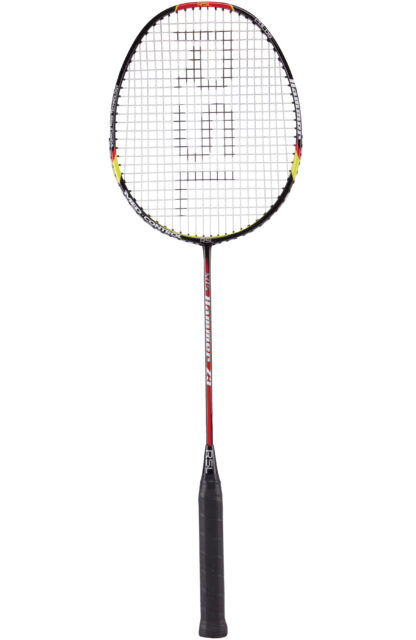 Black, red and yellow badminton racquet from RSL. White strings with black RSL logo. Black grip.