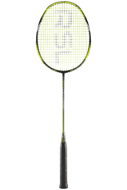Black, green and silverbadminton racquet from RSL. Yellow strings with black RSL logo. Black grip.