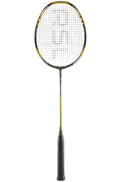 Black, yellow and white badminton racquet from RSL. White strings with black RSL logo. Black grip.