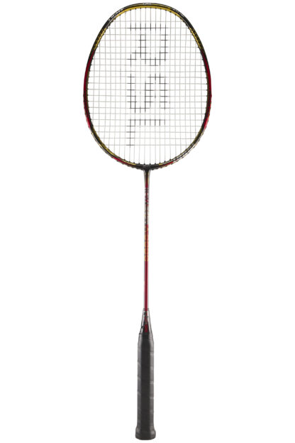Black, red and gold badminton racquet from RSL. White strings with black RSL logo. Black grip.
