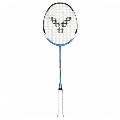 Blue, black and white badminton racquet from Victor. White strings with black Victor logo. White grip.
