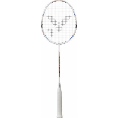 White, gold and blue badminton racquet from Victor. White strings with black Victor logo. White grip.
