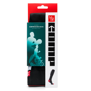 Single pack of compression socks in black. Red MABS logo, and blue drawing.