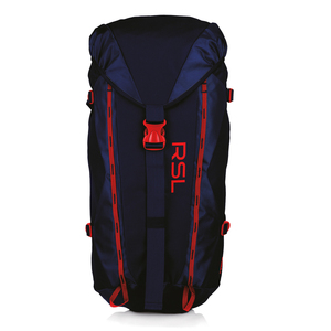Blue backpack with red details and RSL in red writing.