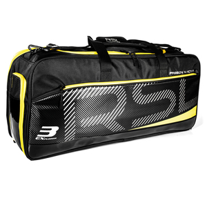 Square badminton racquet bag in black with yellow and grey details. RSL in striped grey writing in the side.