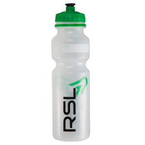 Clear water bottle with green lid and RSL in black writing.