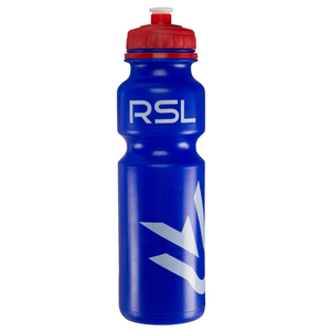Blue water bottle with red lid and RSL in white writing.