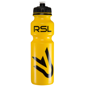 Yellow water bottle with black lid and RSL in black writing.