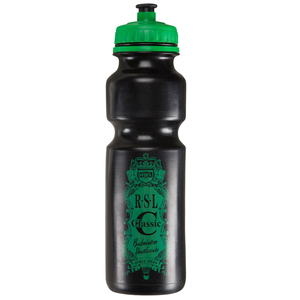 Black water bottle with green lid, and RSL Classic shuttlecock logo in green on the bottle.