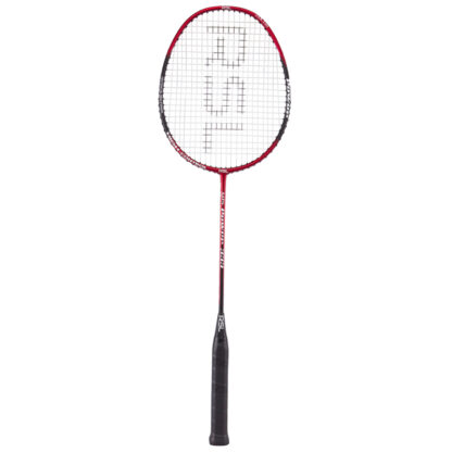 Red, black and white badminton racquet from RSL. White strings with black RSL logo. Black grip.