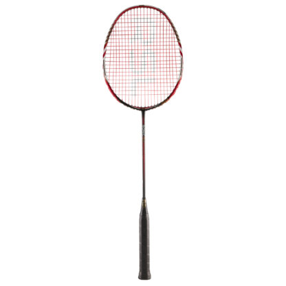 Black, red and white badminton racquet from RSL. Red strings with black RSL logo. Black grip.
