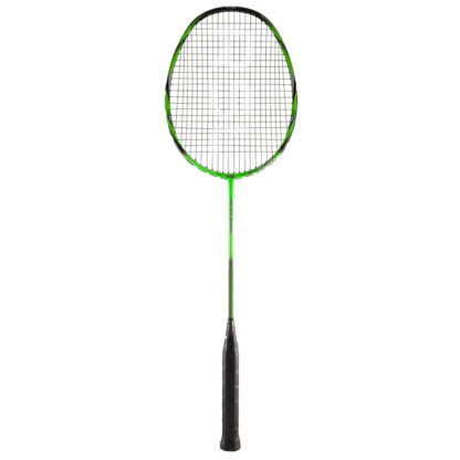 Green and black badminton racquet from RSL. Black strings with White RSL logo. Black grip.