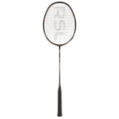 Black, brown and white badmintn racquet from RSL. White strings with black RSL logo. Black grip.