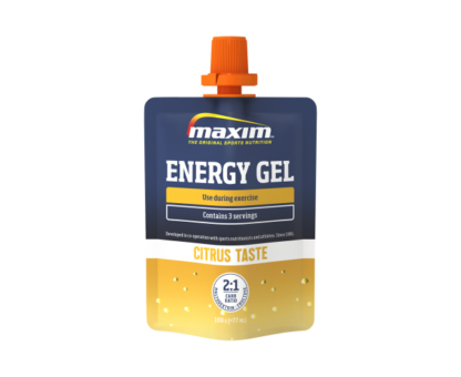 Blue and yellow packet of 100g of energy gel with citrus taste from Maxim.