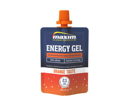 Blue and orange packet of 100g of energy gel with orange taste from Maxim.