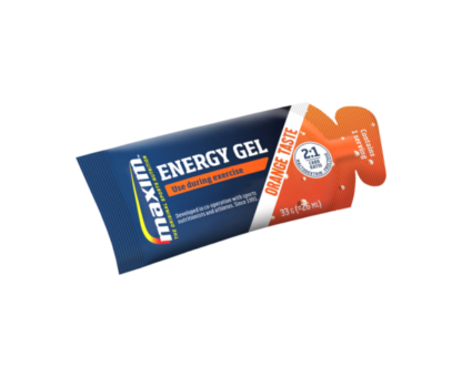 Blue and orange packet of 33g of energy gel with orange taste from Maxim.