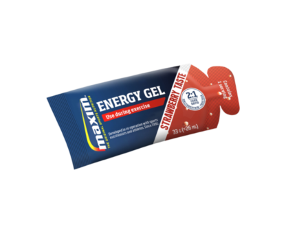 Blue and red packet of 33g of energy gel with strawberry taste from Maxim.