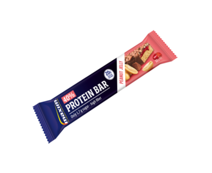 Blue and salmon coloured Maxim protein bar with a taste of peanut jelly