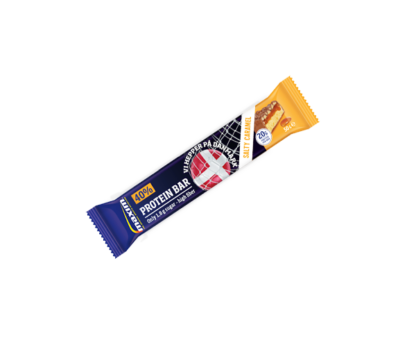 Blue and yellow Maxim protein bar with a taste of salty caramel.
