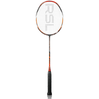 Black, orange and white badminton racquet from RSL. White strings with black RSL logo. Black grip.