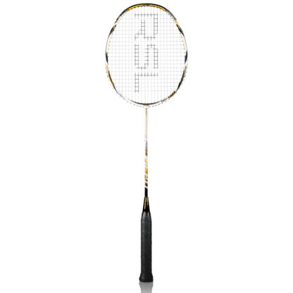 White, black and gold badminton racquet from RSL. White strings with black RSL logo. Black grip.