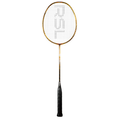 Gold and black badminton racquet from RSL. White strings with black RSL logo. Black grip.