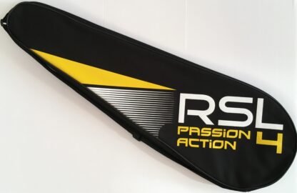 Bag for single racquet from RSL. Black with yellow and white details and RSL in white writing.