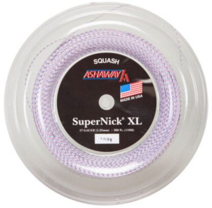 Reel of Ashaway SuperNick XL in white with red and blue details.