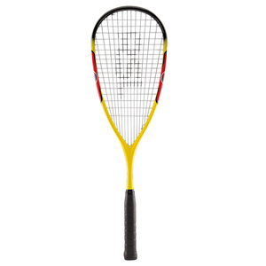 Yellow, red and black squash racquet. White strings with black RL logo. Black grip.