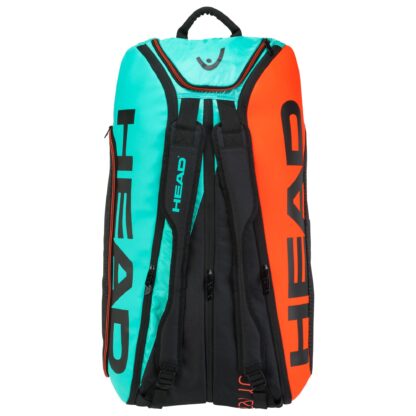 Tennisbag in black, teal and orange with HEAD in black writing 9 racquet bag