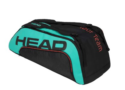 Tennisbag in black and teal with HEAD in black writing 9 racquet bag