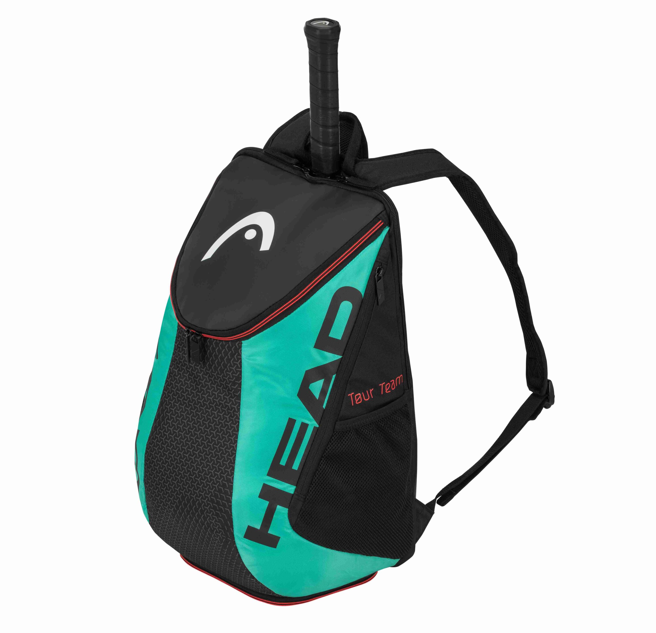 Tennis backpack in black and teal with white HEAD logo on front and HEAD in black writing on the side