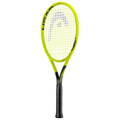 Yellow HEAD tennis racquet with black details. HEAD in black writing inside racquet head. Yellow strings with black HEAD logo. Black grip.