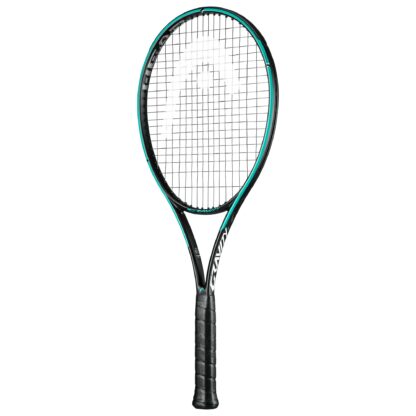 Black HEAD tennis racquet with teal details. HEAD in white writing inside the racquet head. Black strings with white HEAD logo. Black grip.