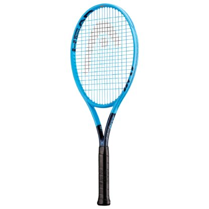Blue HEAD tennis racquet with black details. HEAD in black writing inside the head. Blue strings with black HEAD logo. Black grip.