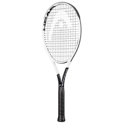 White HEAD tennis racquet with black details. HEAD in black writing inside the racquet head. Black strings with white HEAD logo. Black grip.