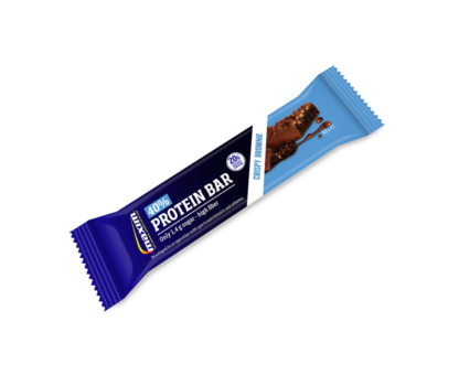 Blue and light blue Maxim protein bar with a taste of crispy brownie.