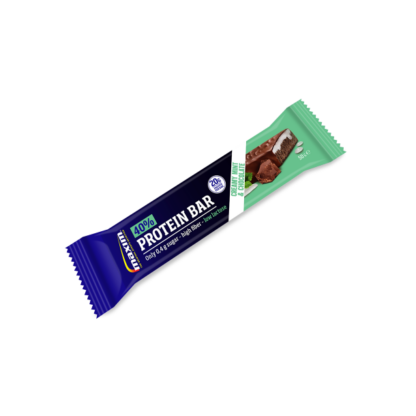 Blue and mint green Maxim protein bar with a taste of mint and chocolate