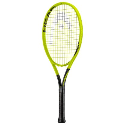 Tennis racquet. yellow beam and black handle. Black HEAD logo painted on yellow strings.