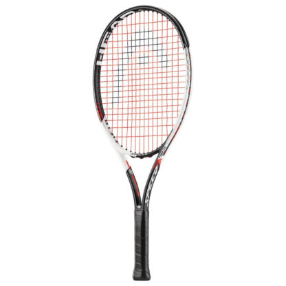 Tennis racquet. Black and white beam and black handle. Black HEAD logo painted on red strings.