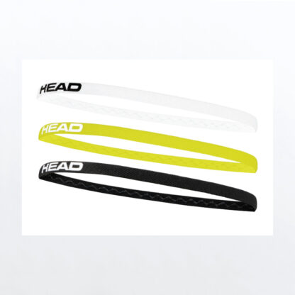 3 headbands in white, yellow and black, with HEAD writing in white, black and black.