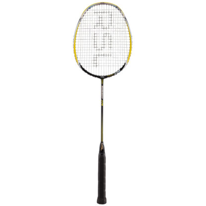 Black, yellow and white badminton racquet. Hammer Z20 in white and yellow writing on shaft, white strings with black RSL logo. Black grip.
