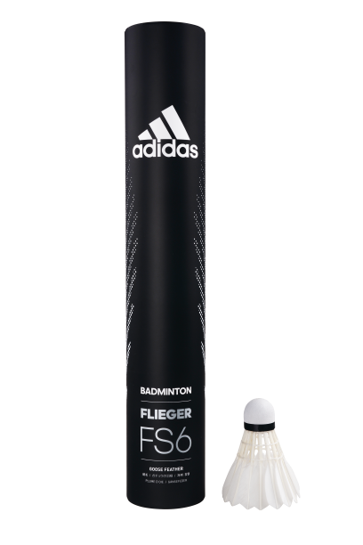 Black tube of shuttlecocks with white adidas logo and Flieger FS6 in white writing. Tube of 12 Adidas Flieger FS6 shuttlecocks.